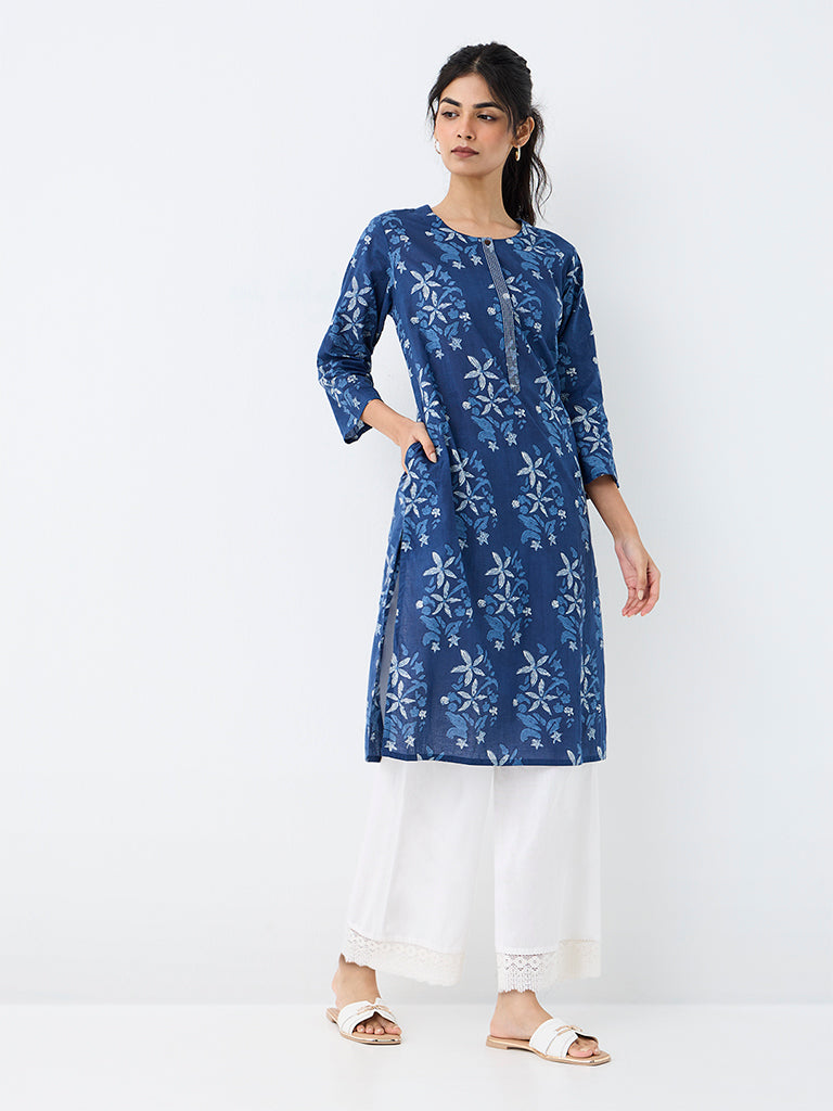 Utsa Indigo Floral Printed Cotton Straight Kurta