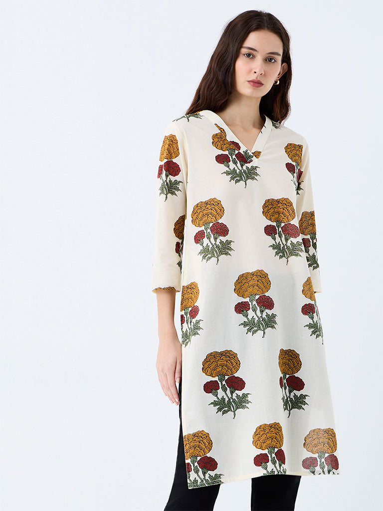 Utsa Off-White Floral Printed Cotton Straight-Fit Kurta