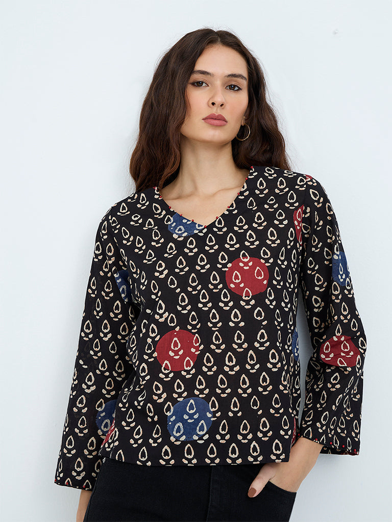 Utsa Black Printed Cotton Tunic