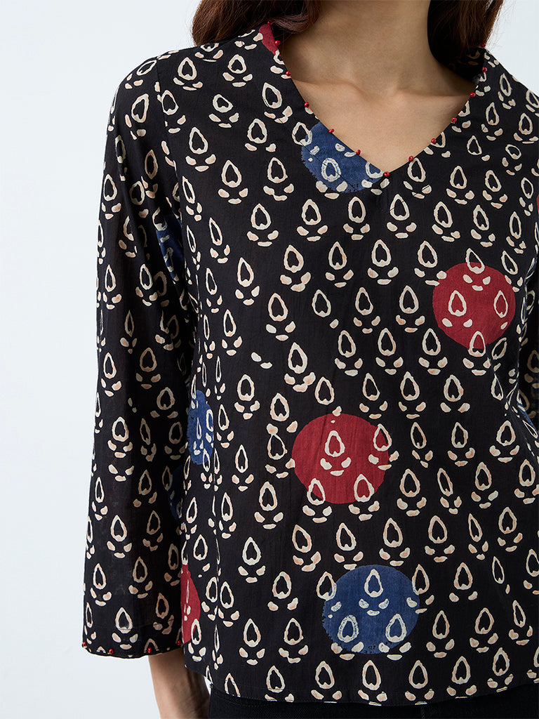 Utsa Black Printed Cotton Tunic