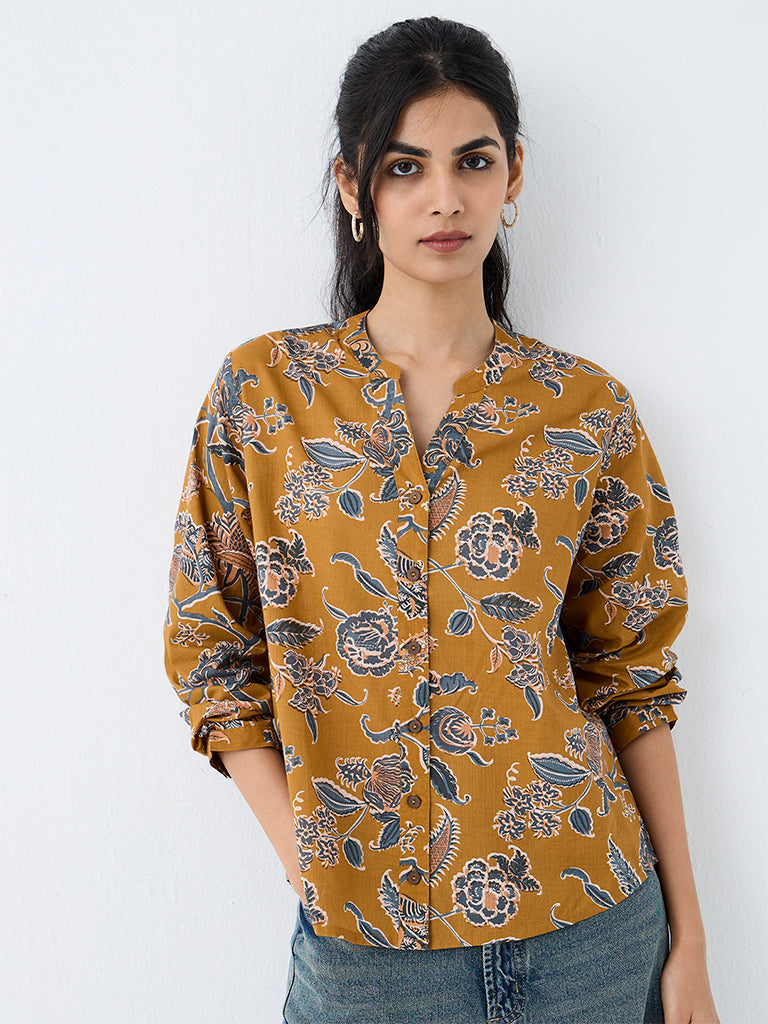 Utsa Mustard Floral Printed Cotton Tunic