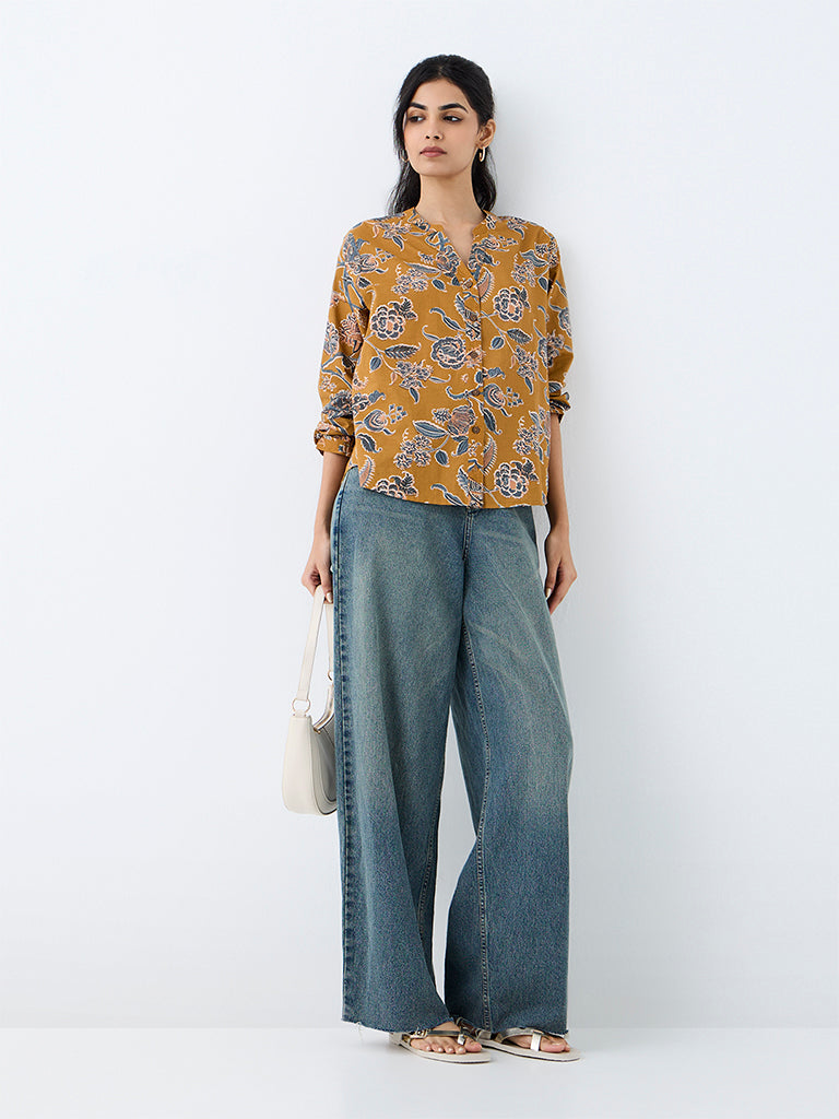 Utsa Mustard Floral Printed Cotton Tunic