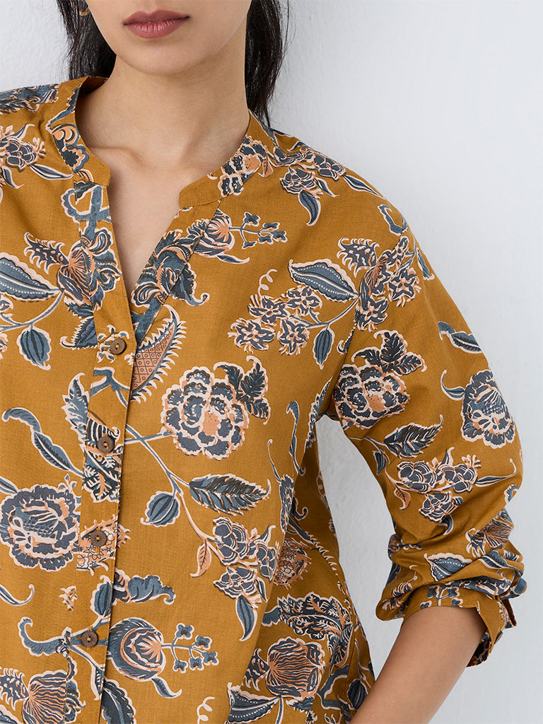 Utsa Mustard Floral Printed Cotton Tunic
