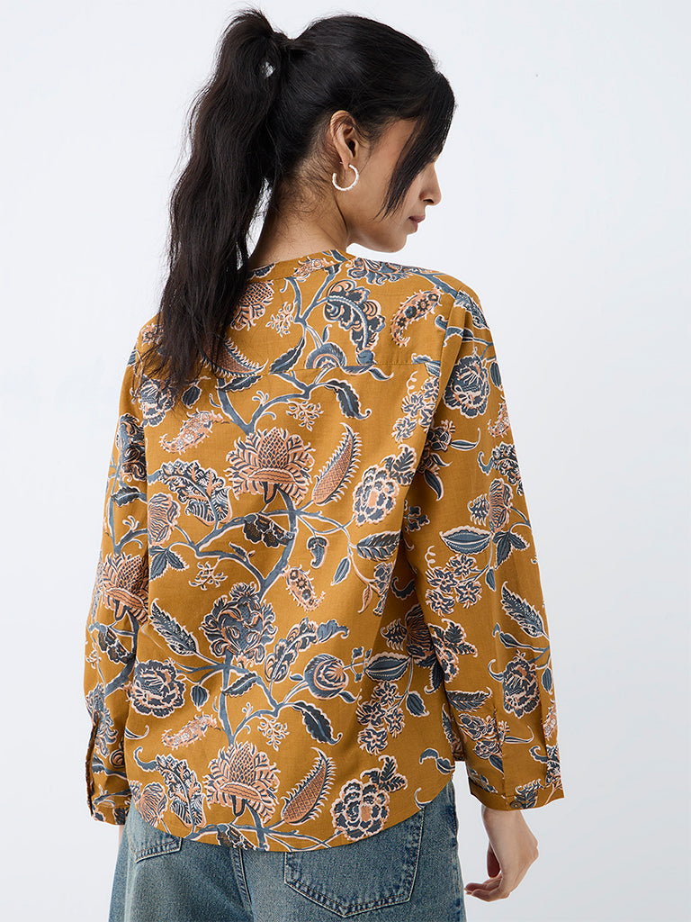Utsa Mustard Floral Printed Cotton Tunic