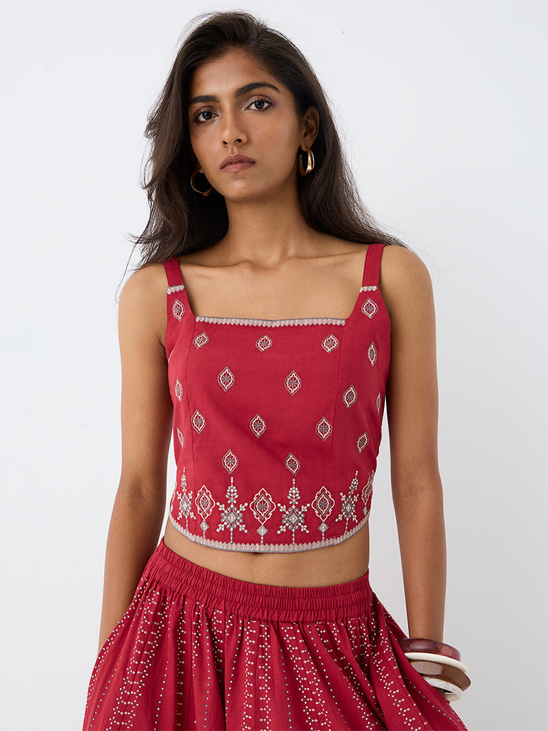 Utsa Red Printed Cotton Top