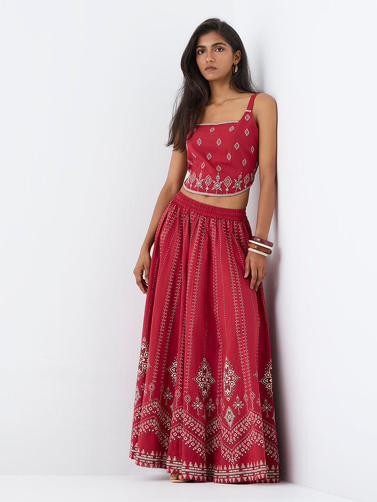 Utsa Red Printed Cotton Top