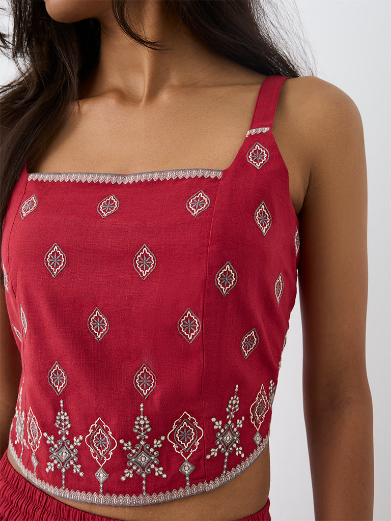 Utsa Red Printed Cotton Top