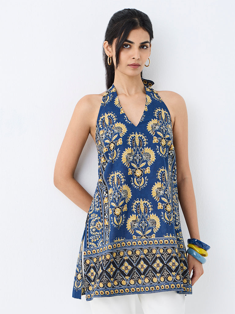 Utsa Navy Floral Printed Halter-Neck Cotton Tunic