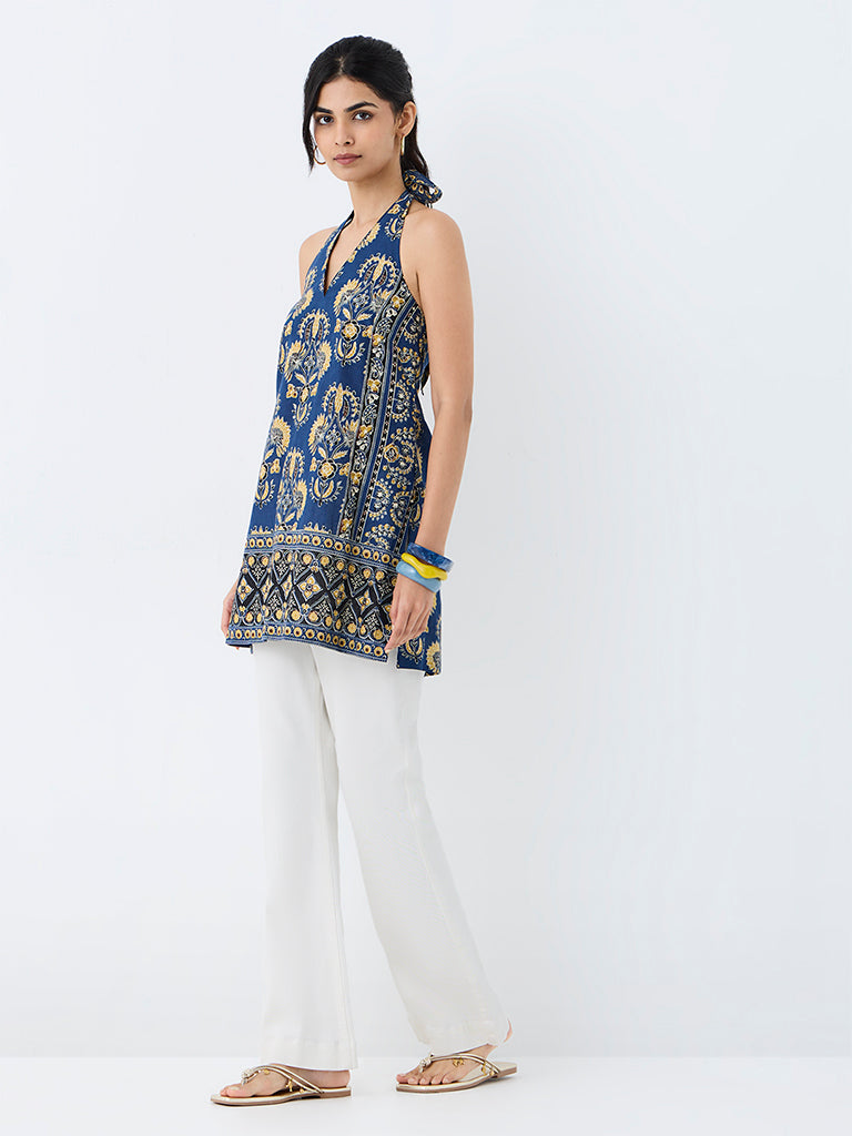 Utsa Navy Floral Printed Halter-Neck Cotton Tunic
