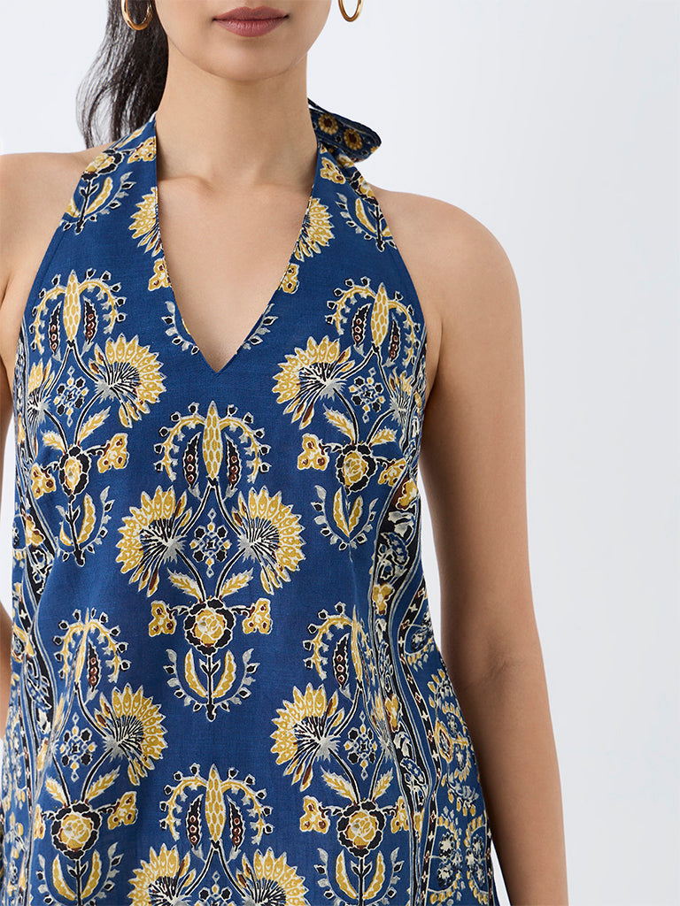Utsa Navy Floral Printed Halter-Neck Cotton Tunic