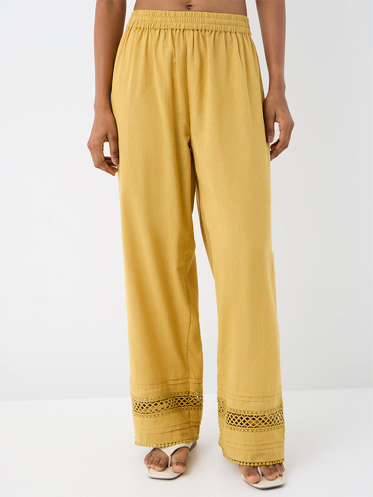 Utsa Yellow Lace-Detail Cotton-Blend Pants