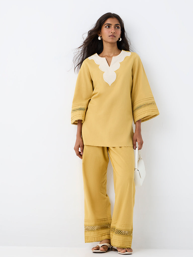 Utsa Yellow Lace-Detail Cotton-Blend Pants