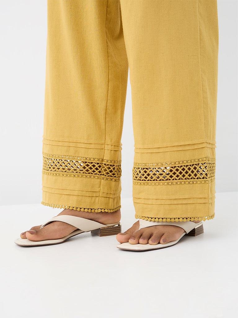 Utsa Yellow Lace-Detail Cotton-Blend Pants