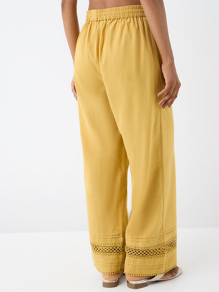 Utsa Yellow Lace-Detail Cotton-Blend Pants