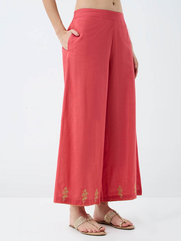 Utsa Coral Floral Embroidered Cotton Pants
