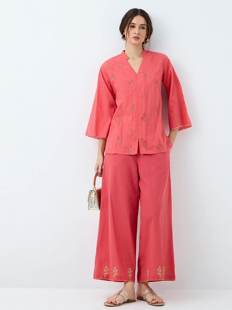 Utsa Coral Floral Embroidered Cotton Pants
