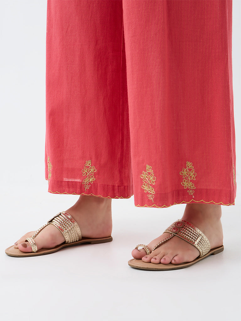 Utsa Coral Floral Embroidered Cotton Pants