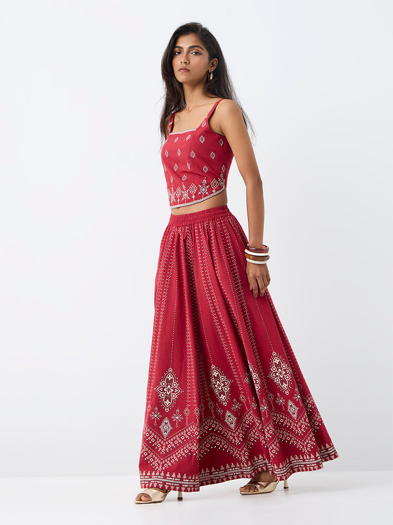 Utsa Red Printed  Cotton Skirt