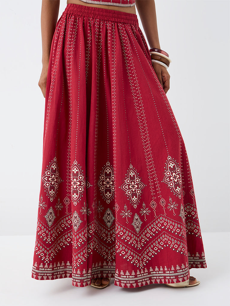 Utsa Red Printed  Cotton Skirt