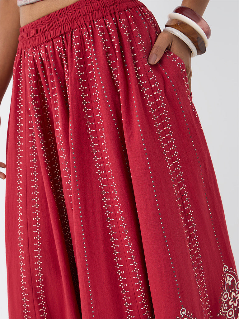 Utsa Red Printed  Cotton Skirt