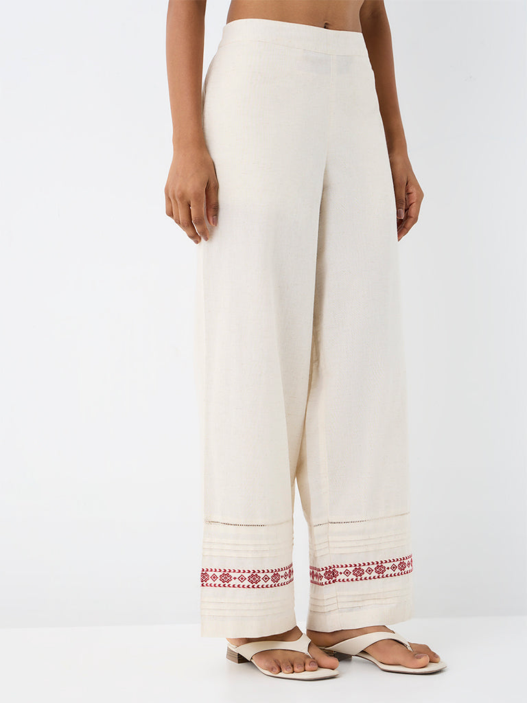 Utsa Off-White Pintuck-Detail Cotton-Blend Pants