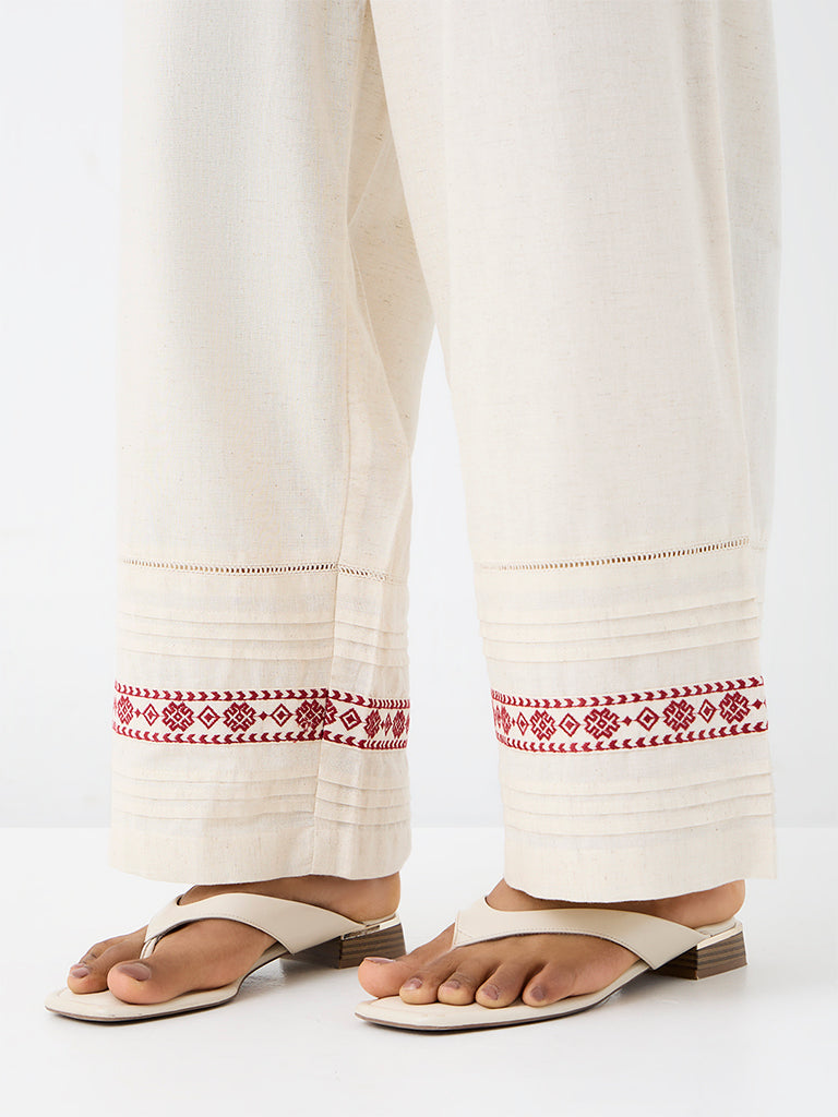 Utsa Off-White Pintuck-Detail Cotton-Blend Pants