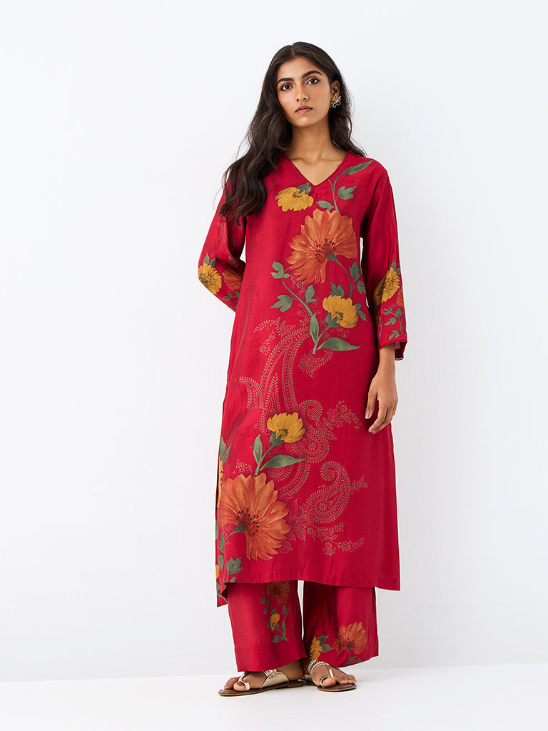 Utsa Red Floral Printed Pants