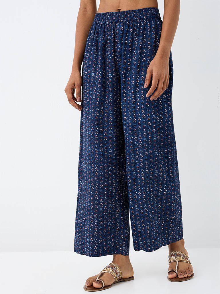 Utsa Indigo Floral Printed Palazzos