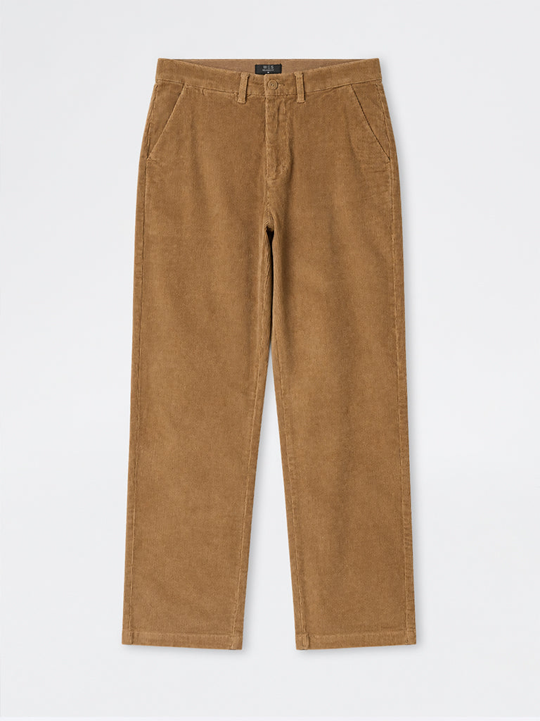 WES Casuals Beige Corduroy Relaxed-Fit Mid-Rise Cotton-Blend Chinos