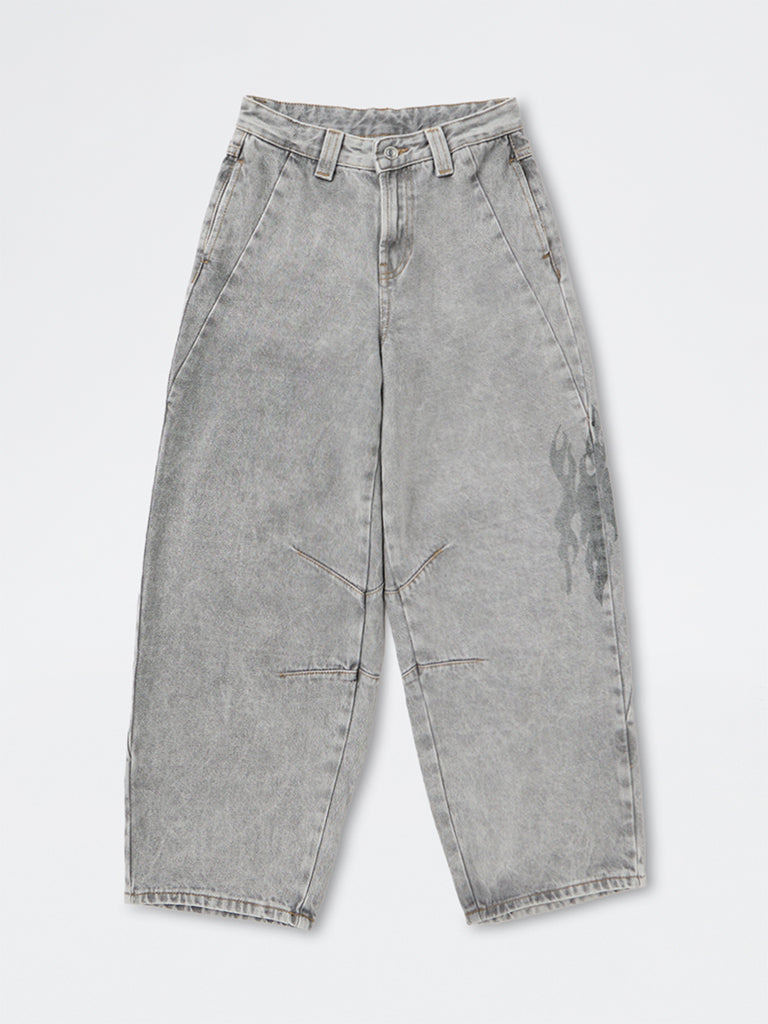 Boys Grey Washed Barrel-Fit Mid-Rise Relaxed Fit Jeans