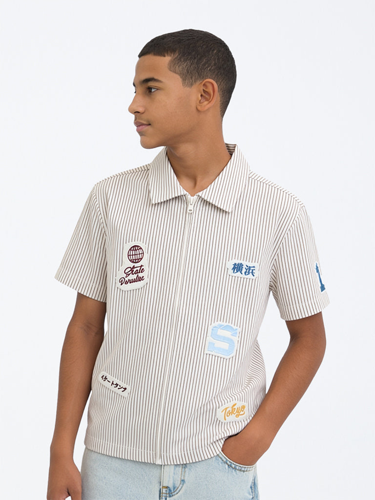 Boys Brown Japanese Cotton-Blend Text Printed Shirt