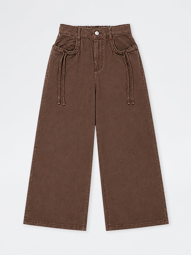 Girls Brown Tie-Up Detail High-Rise Trousers
