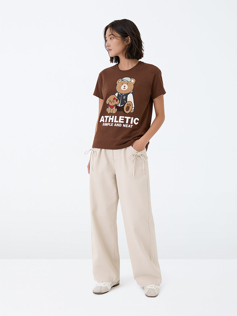 Girls Beige Tie-Up Detail High-Rise Trousers