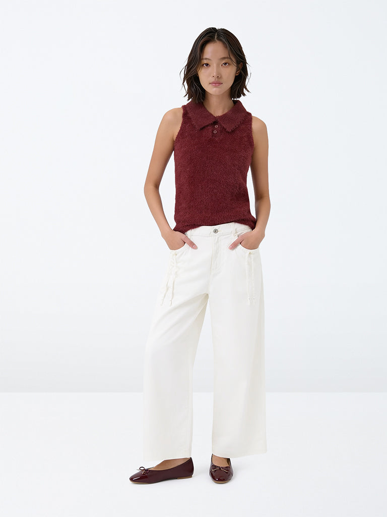 Girls White Solid High-Rise Relaxed-Fit Trousers