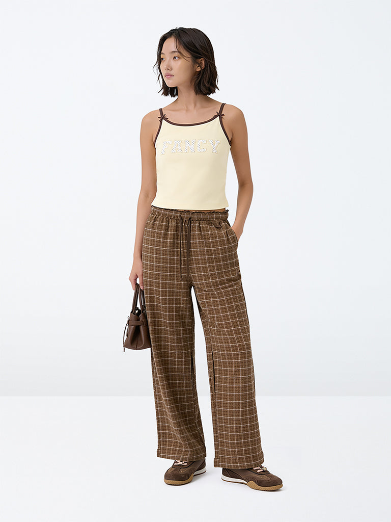 Girls Brown Checkered High-Rise Cotton Pyjamas