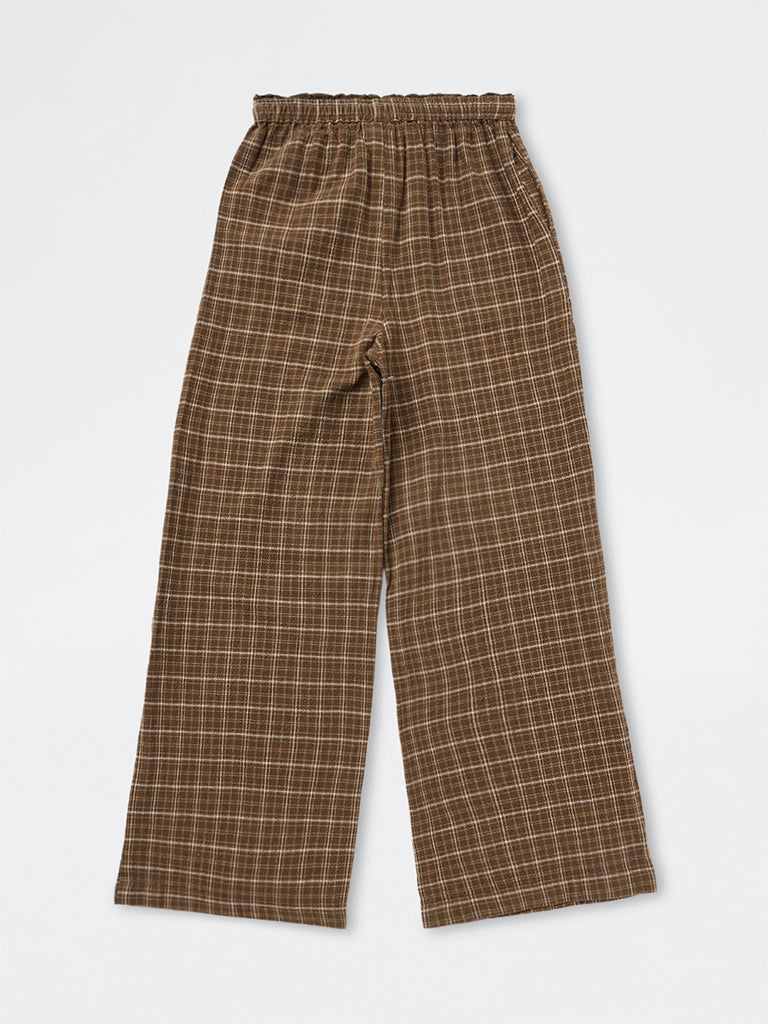 Girls Brown Checkered High-Rise Cotton Pyjamas
