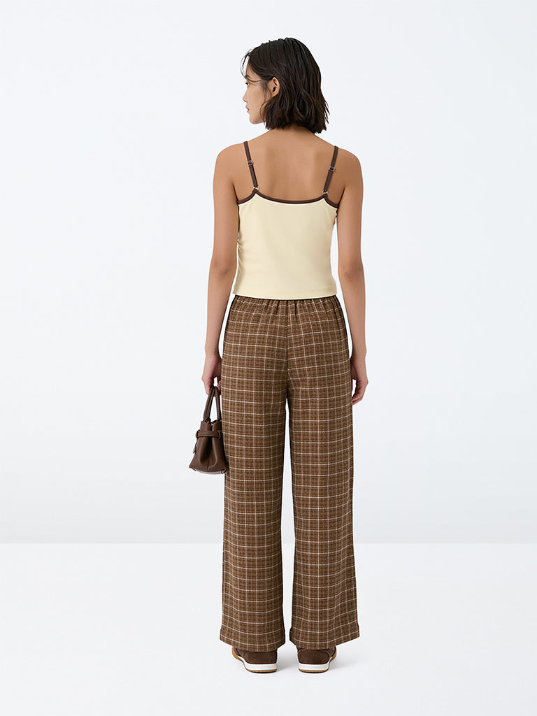 Girls Brown Checkered High-Rise Cotton Pyjamas