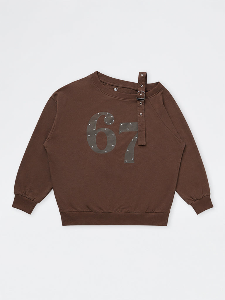 Girls Brown Buckle-Detail Off-Shoulder Cotton Sweatshirt
