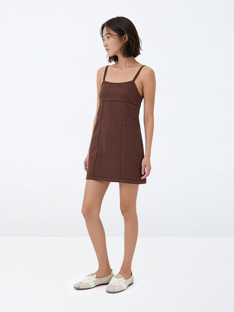 Girls Dark Brown A-Line Denim Dress