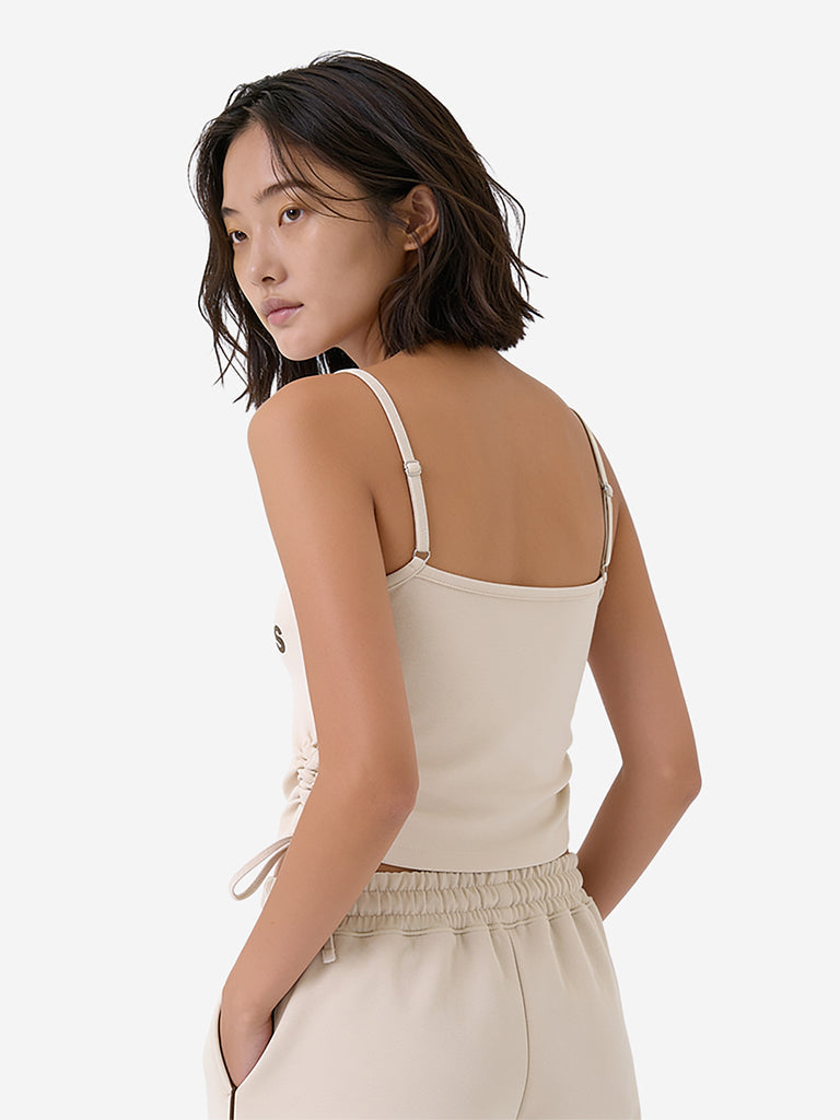 Girls Off-White Text Printed Rached Cotton-Blend Top