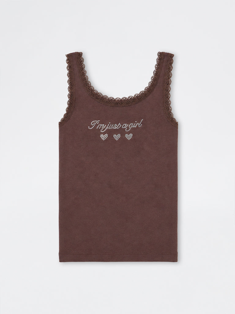 Girls Brown Embellished Cotton-Blend Top
