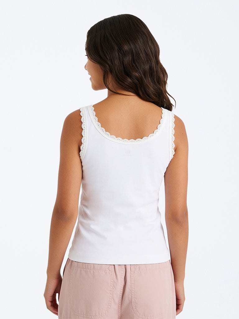Girls White Text Embellished Lace Design Cotton-Blend Top