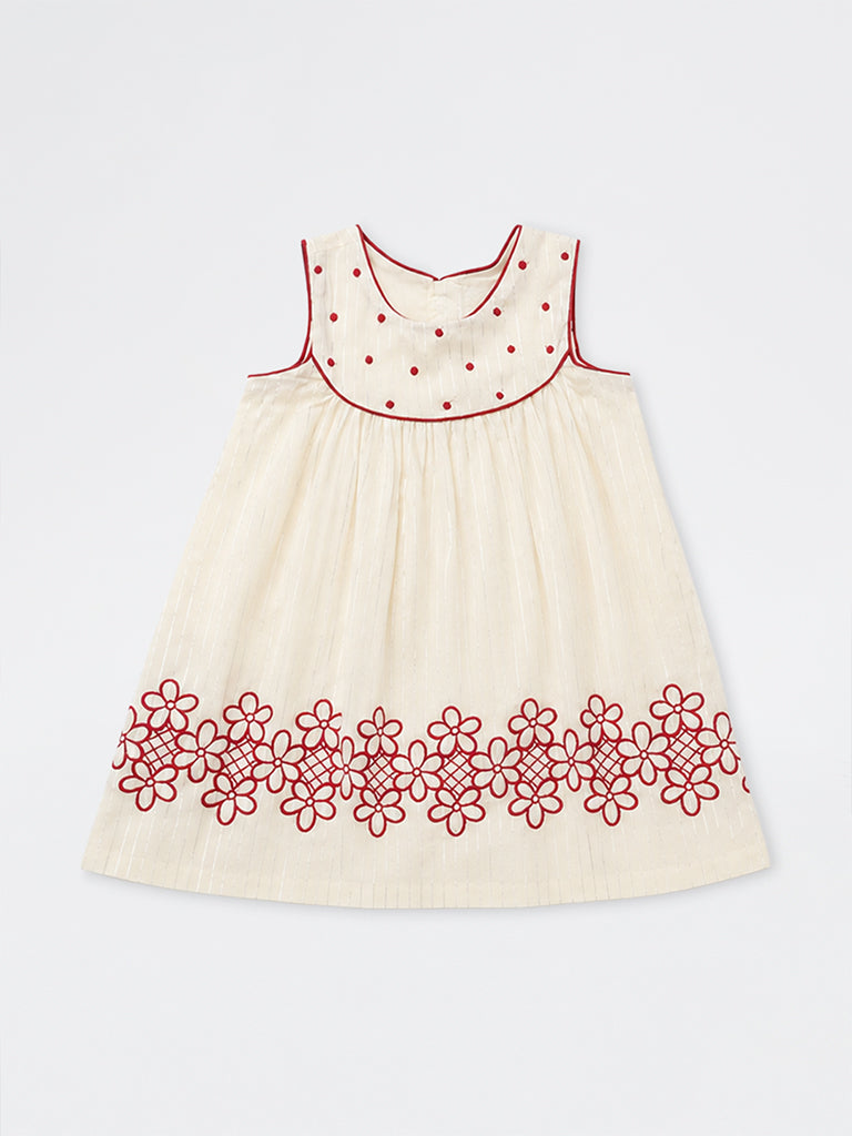 Utsa Kids Girls Off-White Floral Design Cotton A-Line Dress - (2-8 yrs)