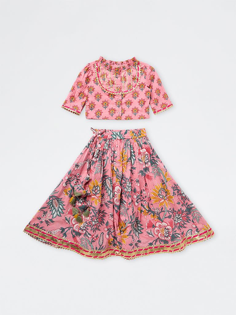 Utsa Kids Girls Pink Floral Printed Cotton Top and Skirt Set - (2-8 yrs)