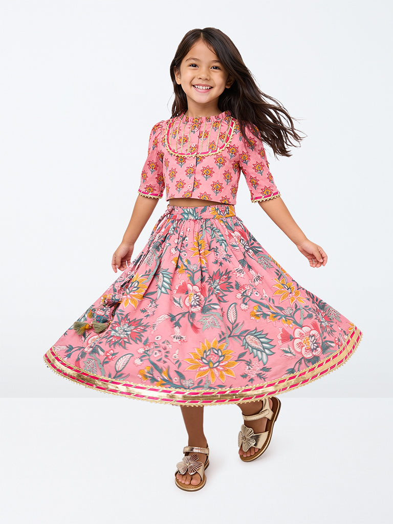 Utsa Kids Girls Pink Floral Printed Cotton Top and Skirt Set - (2-8 yrs)