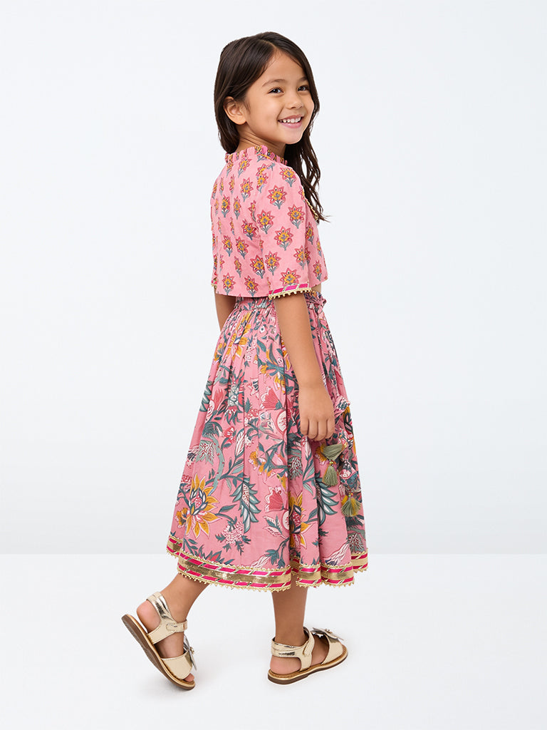 Utsa Kids Girls Pink Floral Printed Cotton Top and Skirt Set - (2-8 yrs)