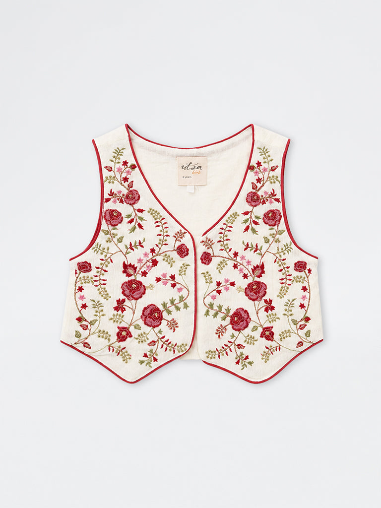 Utsa Kids Girls Ivory Floral Embroidered Waistcoat - (2-8 yrs)