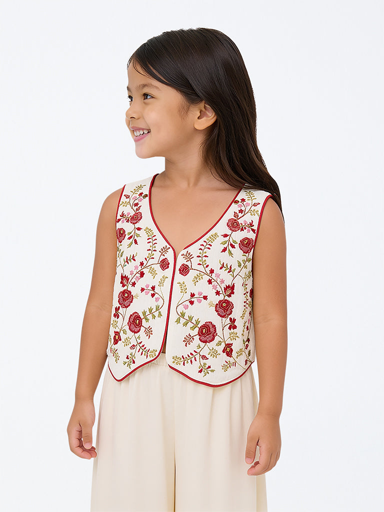 Utsa Kids Girls Ivory Floral Embroidered Waistcoat - (2-8 yrs)
