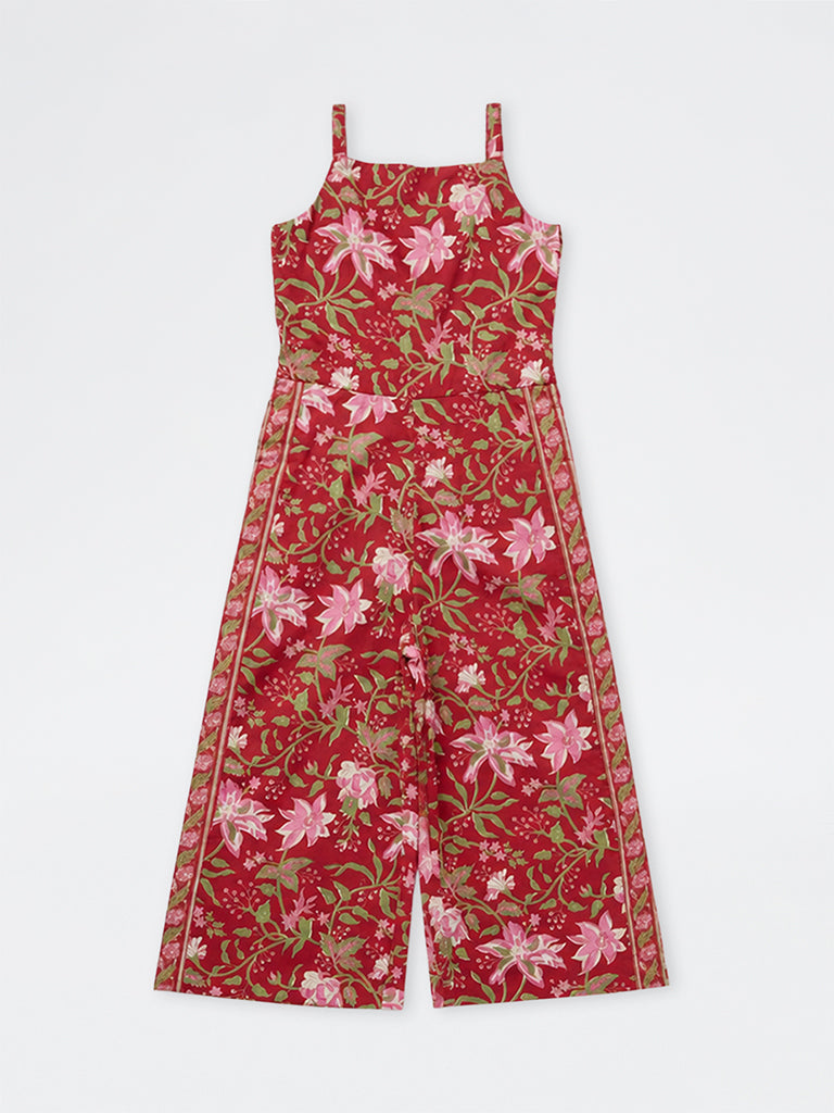 Utsa Kids Girls Red Floral Printed Cotton Jumpsuit - (8-14 yrs)