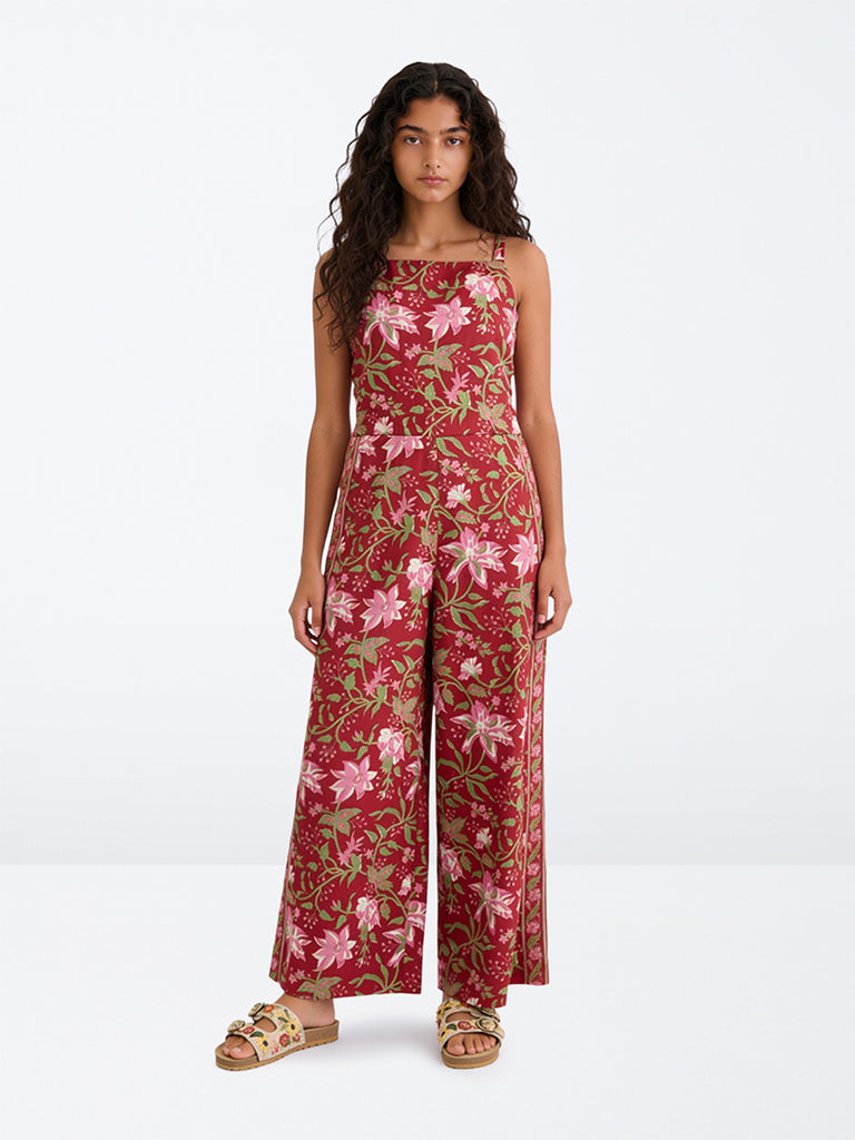 Utsa Kids Girls Red Floral Printed Cotton Jumpsuit - (8-14 yrs)